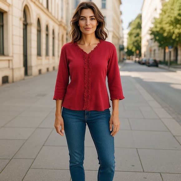 Women’s Bill Blass Size Medium Long Sleeved V-NeckShirt Maroon - Picture 1 of 6